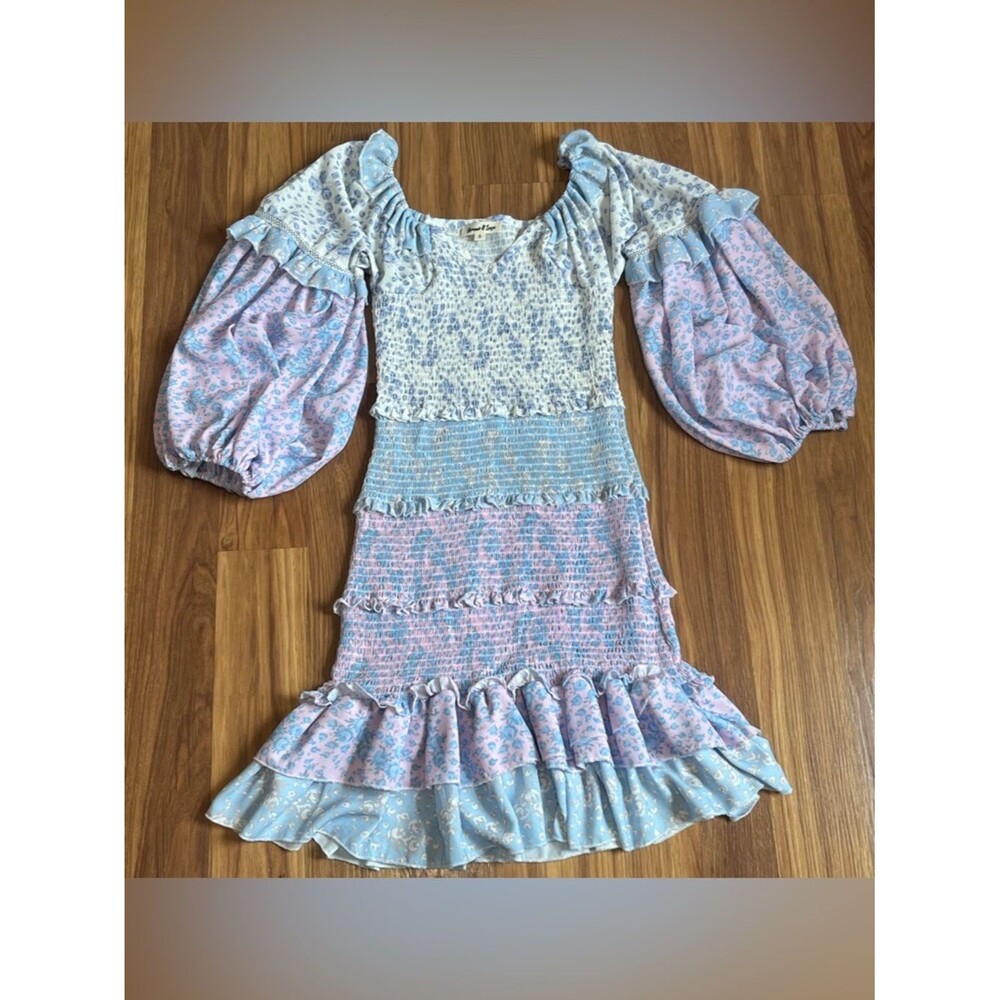 Yvonne & Love smocked boho mini dress patchwork floral print Size S blue Pink